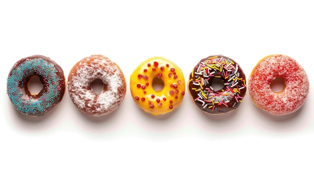 Vários donuts coloridos em uma fila isolados em fundo branco