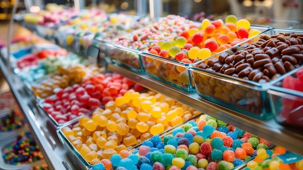 Varios dulces gummy jellies lolly, etc. dispuestos en compartimentos en una tienda