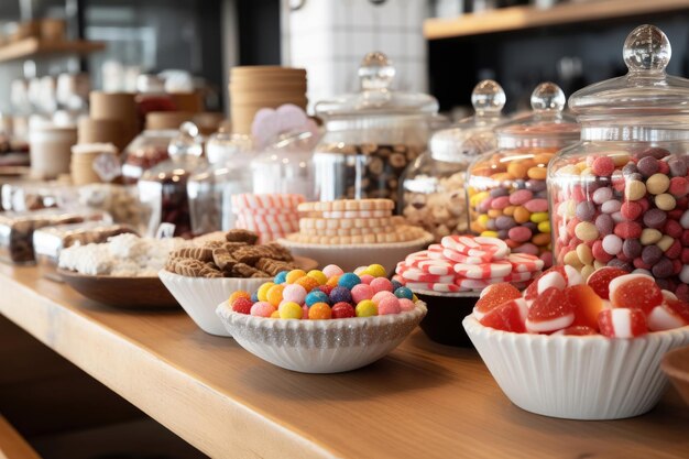 Varios dulces en la mesa de una tienda IA generativa