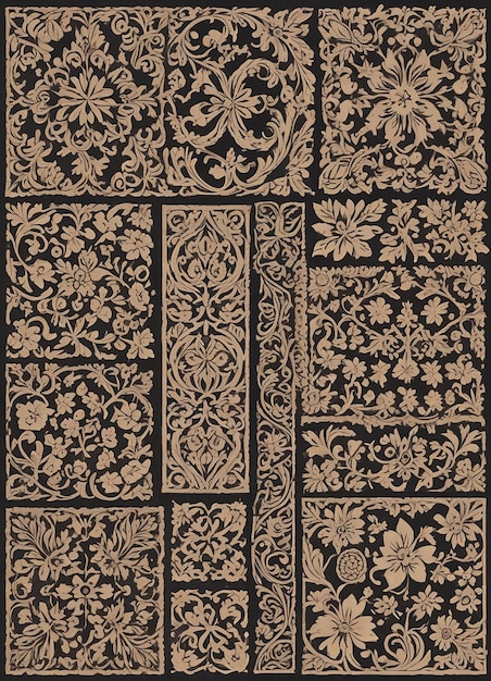 Varios elementos decorativos de esquina, incluidos patrones florales y geométricos