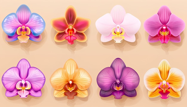 Foto vários emojis de orquídeas coloridos