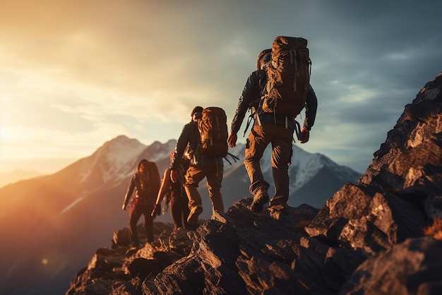 Foto varios escaladores suben una montaña