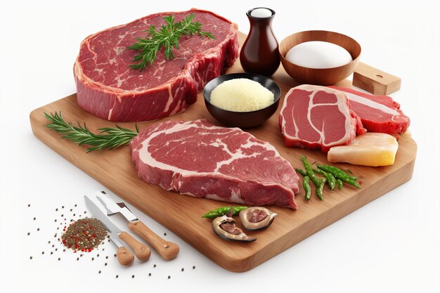 Varios filetes de ternera de carne cruda sustitutos tradicionales que incluyen lomo chateau mignon t bone tomahawk y bistec de nueva york Vista de una parte superior plana en un fondo blanco sobre una mesa