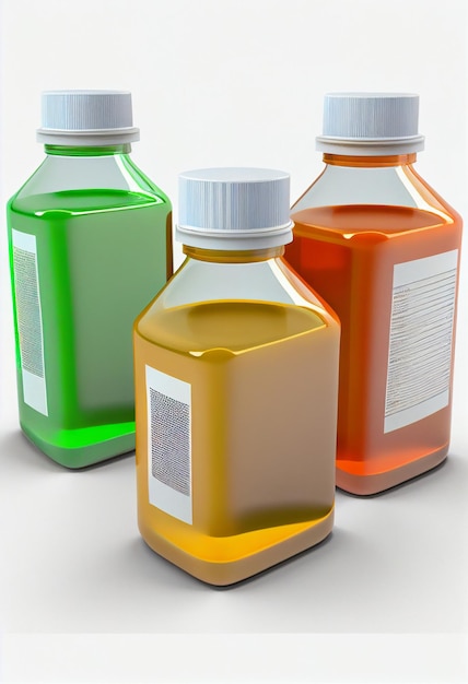 Vários frascos de vidro médico com líquido multicolorido em um fundo branco AI Gerado