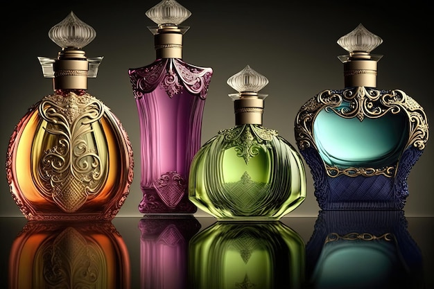 Varios frascos de perfume con diseños únicos e intrincados, cada uno con una variedad de formas, colores y patrones IA generativa