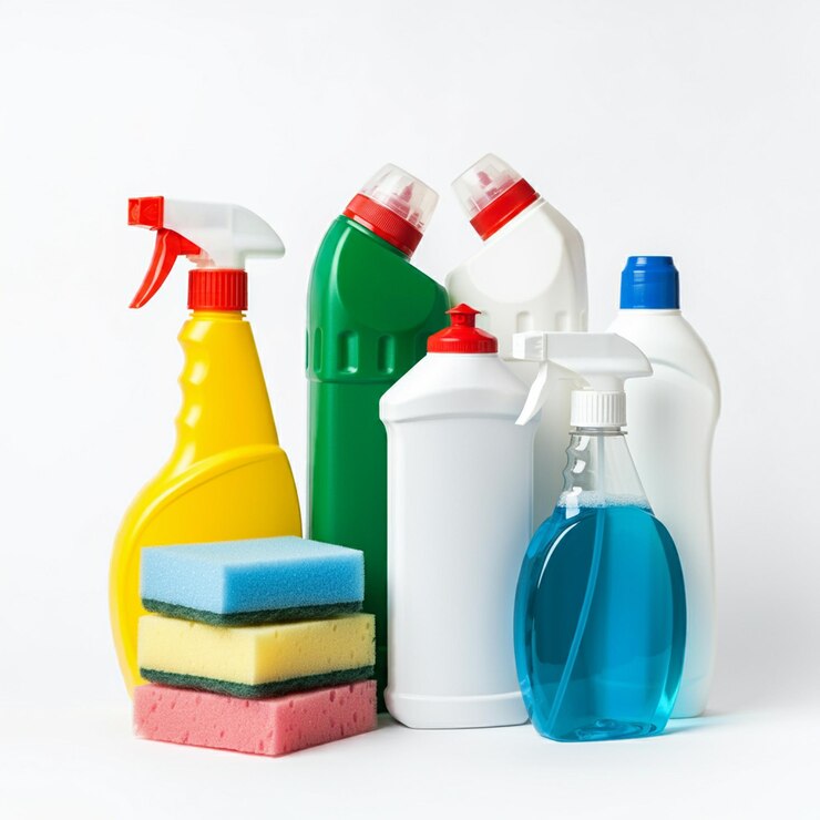 Varios frascos de productos de limpieza y esponjas de colores dispuestos juntos