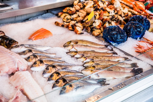 Vários frutos do mar nas prateleiras do mercado de peixe na Noruega, Bergen