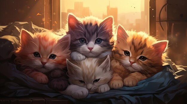 Varios gatitos duermen pacíficamente juntos en una cama Ilustración IA generativa