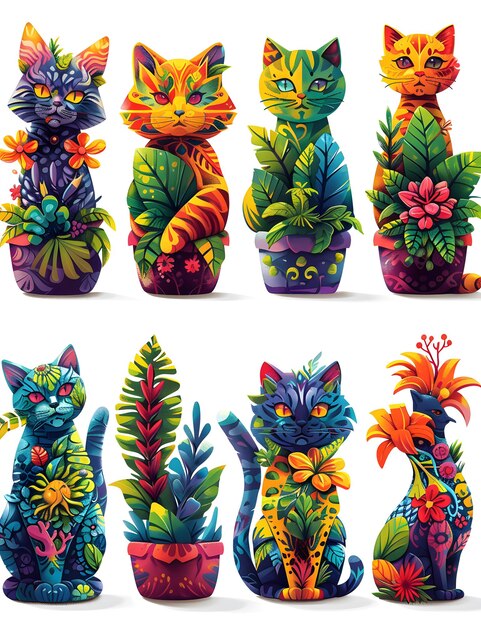 Foto vários gatos de tamanho pequeno a médio adornados com plantas em vasos de cores coloridas