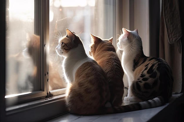 Varios gatos sentados en el alféizar de la ventana mirando el mundo exterior creado con IA generativa