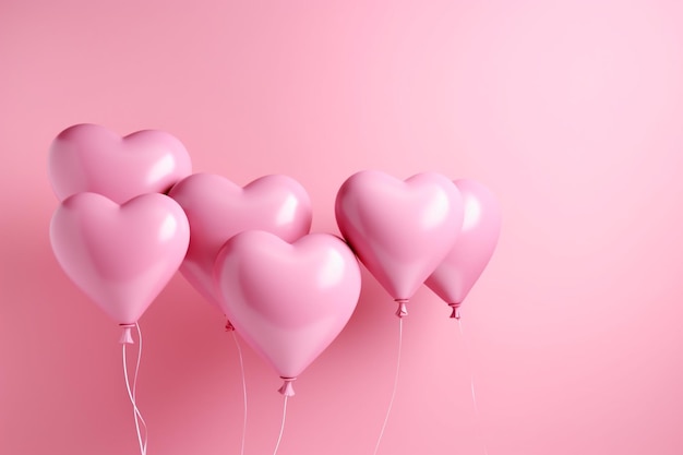 Varios globos en forma de corazón rosa están en un fondo rosa generativo ai