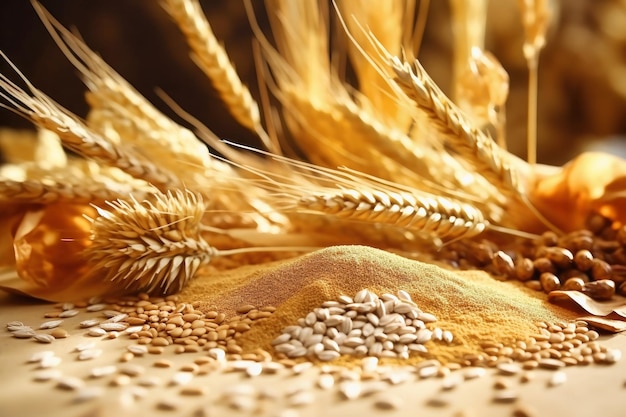 Foto varios granos legumbres granos muchos tipos de cereales recogidos juntos agricultura y concepto de alimentación saludable primer plano enfoque selectivo
