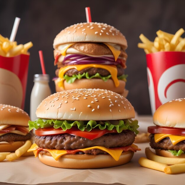 Foto vários hambúrgueres com um logotipo da mcdonald's na frente e o logotipo na parte superior