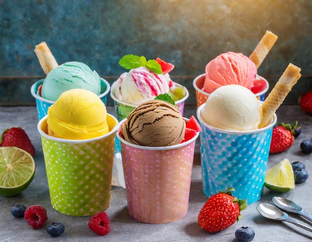 Foto varios helados de colores en tazas de papel