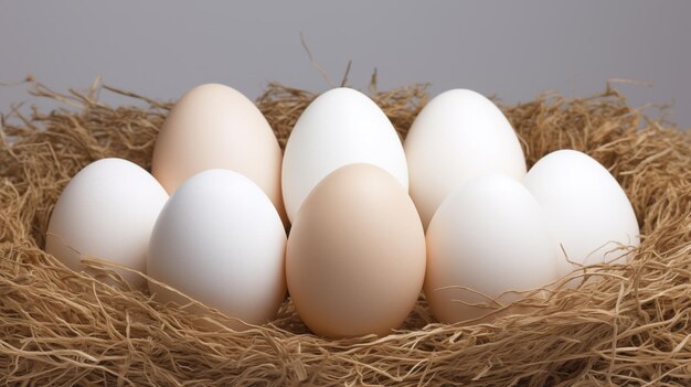 Varios huevos blancos yacían en un pajar esperando ser utilizados en la Pascua Generada por la IA