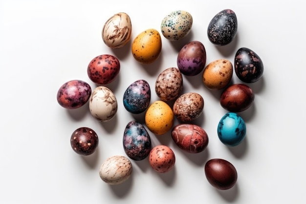 Varios huevos de Pascua coloridos dispuestos sobre un fondo completamente blanco IA generativa