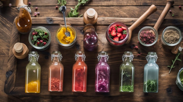 Varios jugos de frutas frescas de colores en botellas de vidrio