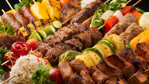 Varios kebabs con arroz y verduras