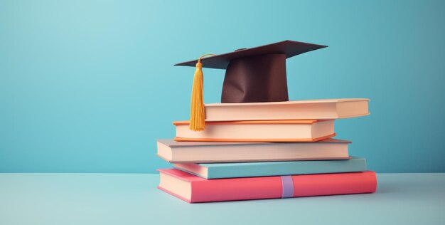 varios libros y gorras con sombrero de graduación en fondo azul