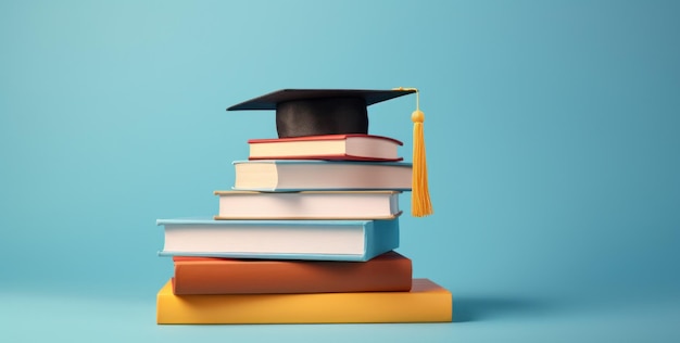 varios libros y gorras con sombrero de graduación en fondo azul