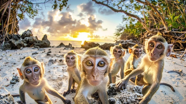 Vários macacos estão empoleirados em um campo de terra observando seus arredores