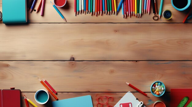 Foto vários materiais escolares coloridos em uma mesa de madeira