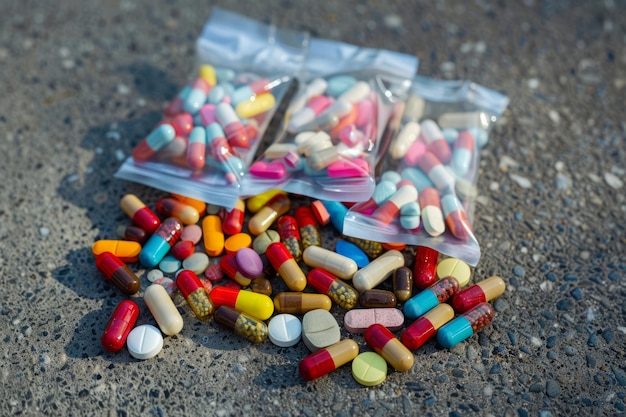 Foto varios medicamentos envasados en bolsas transparentes