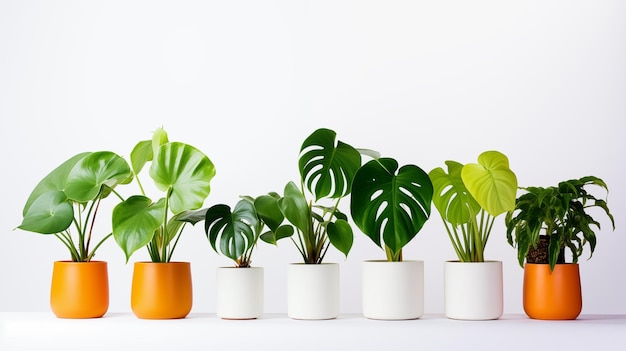 Vários Monstera em vaso de terracota isolado em fundo branco