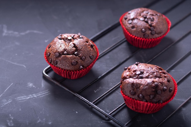 Vários muffins de chocolate recheados Muffins de chocolate embalados Muffins na grelha