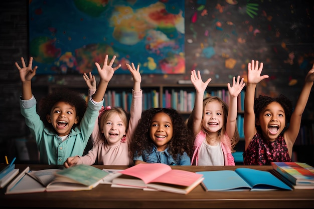 Varios niños en un aula se sientan y levantan los brazos