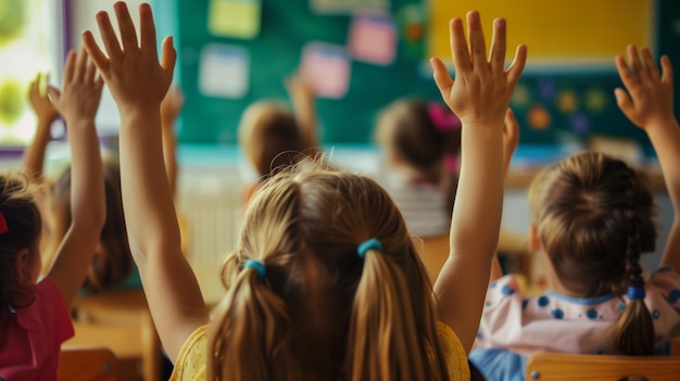 Varios niños están sentados en un aula con las manos en alto.