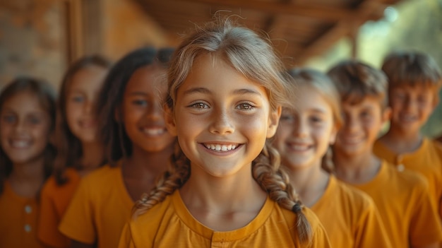 Varios niños posando para un retrato de grupo con sonrisas en un aula niños multiétnicos multiculturales estaban posando con amigos para un retratos de grupo