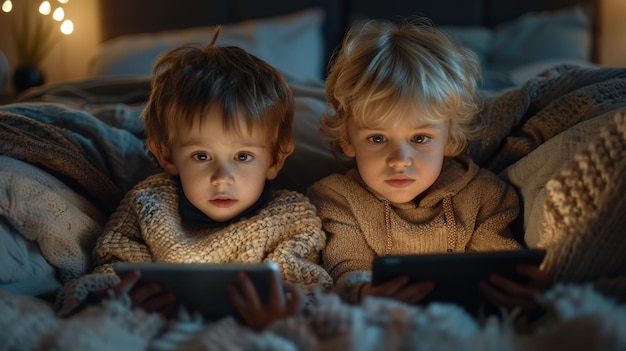 Varios niños usan una tableta debajo de una manta por la noche Hermanos con una tableta en una habitación oscura por la noche