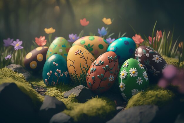 Vários ovos de Páscoa coloridos estão na primavera entre pedras e flores de musgo verde