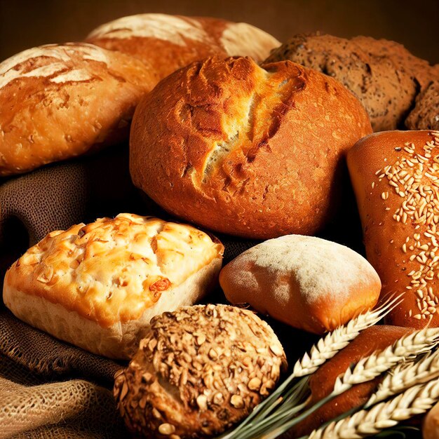 Vários pães caseiros em serapilheira com trigo
