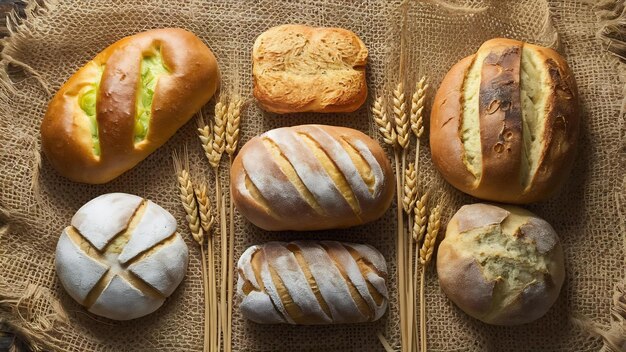 Varios panes caseros en burlap con trigo foto de alta calidad
