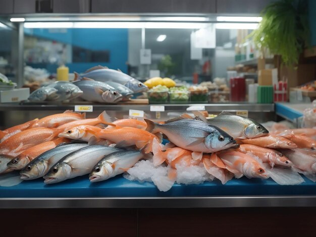 Varios peces en el mostrador de la tienda de peces