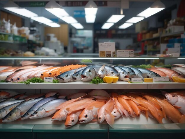 Foto varios peces en el mostrador de la tienda de peces