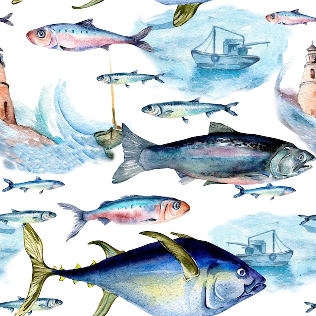 Vários peixes do mar e ilustração em aquarela de padrão perfeito de paisagem marinha isolada em branco