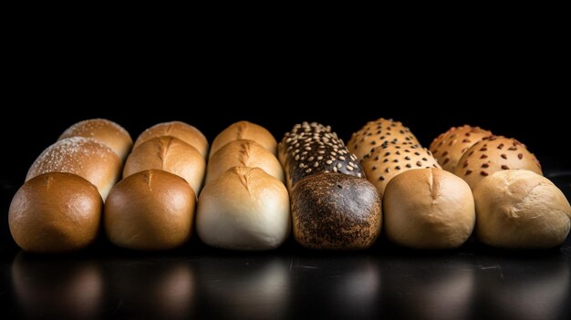 Varios pequeños bollos frescos con una pizca de semillas en una fila de fondo negro aislar AI generado