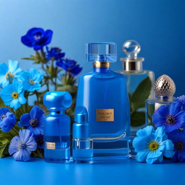 Varios perfumes en un fondo azul junto a flores azules