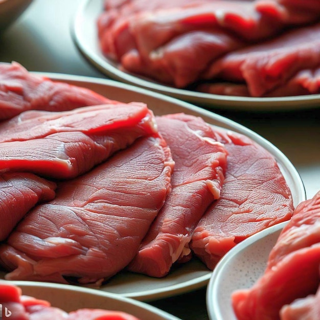 Varios platos de carne están alineados en una mesa.