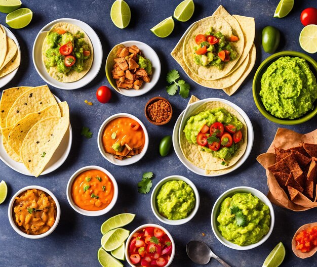 Varios platos mexicanos con lima y guacamole