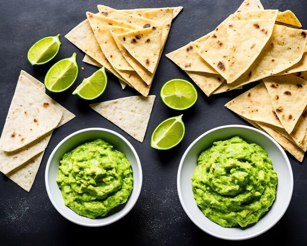 Varios platos mexicanos con lima y guacamole