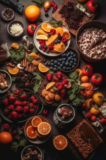 Vários pratos de comida em cima da mesa