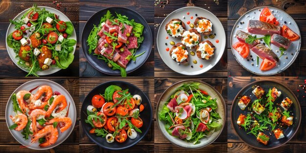 Foto vários pratos de comida em uma mesa adequada para conceitos de comida e jantar