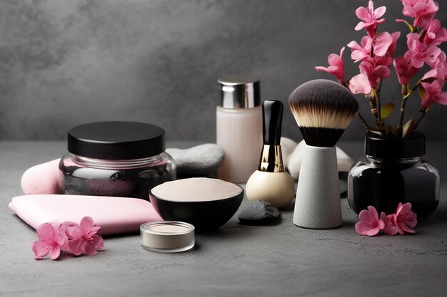 Foto varios productos de maquillaje de belleza con pinceles y flores rosas sobre un fondo gris