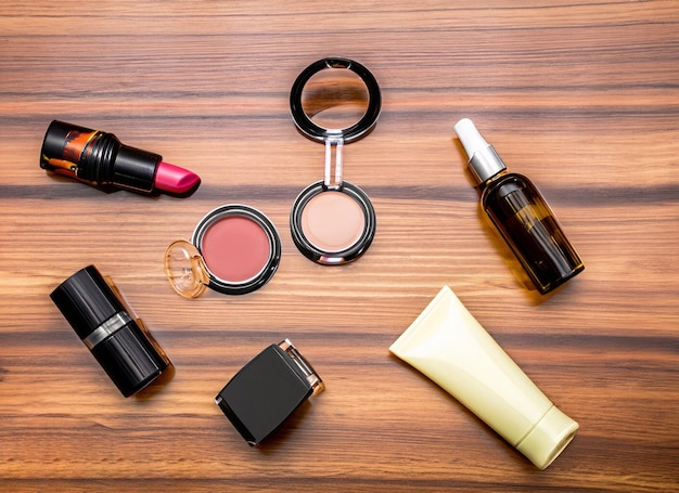 Vários produtos de maquiagem em fundo bonito com copyspace