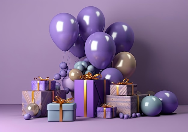 varios regalos coloridos con globos sobre un fondo morado