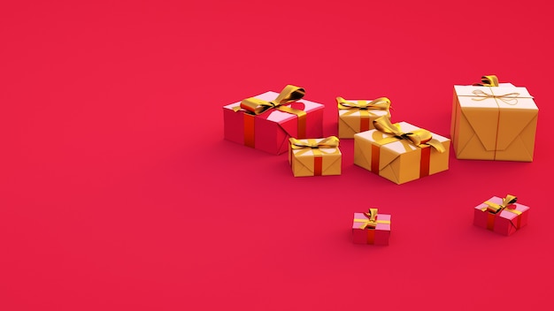 Varios regalos en una cubierta de oro regalos rojos sobre un fondo rojo 3D rendering